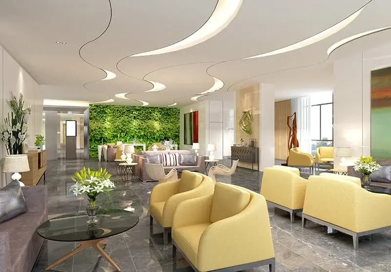 An apartment building lobby with polished floors and modern decor